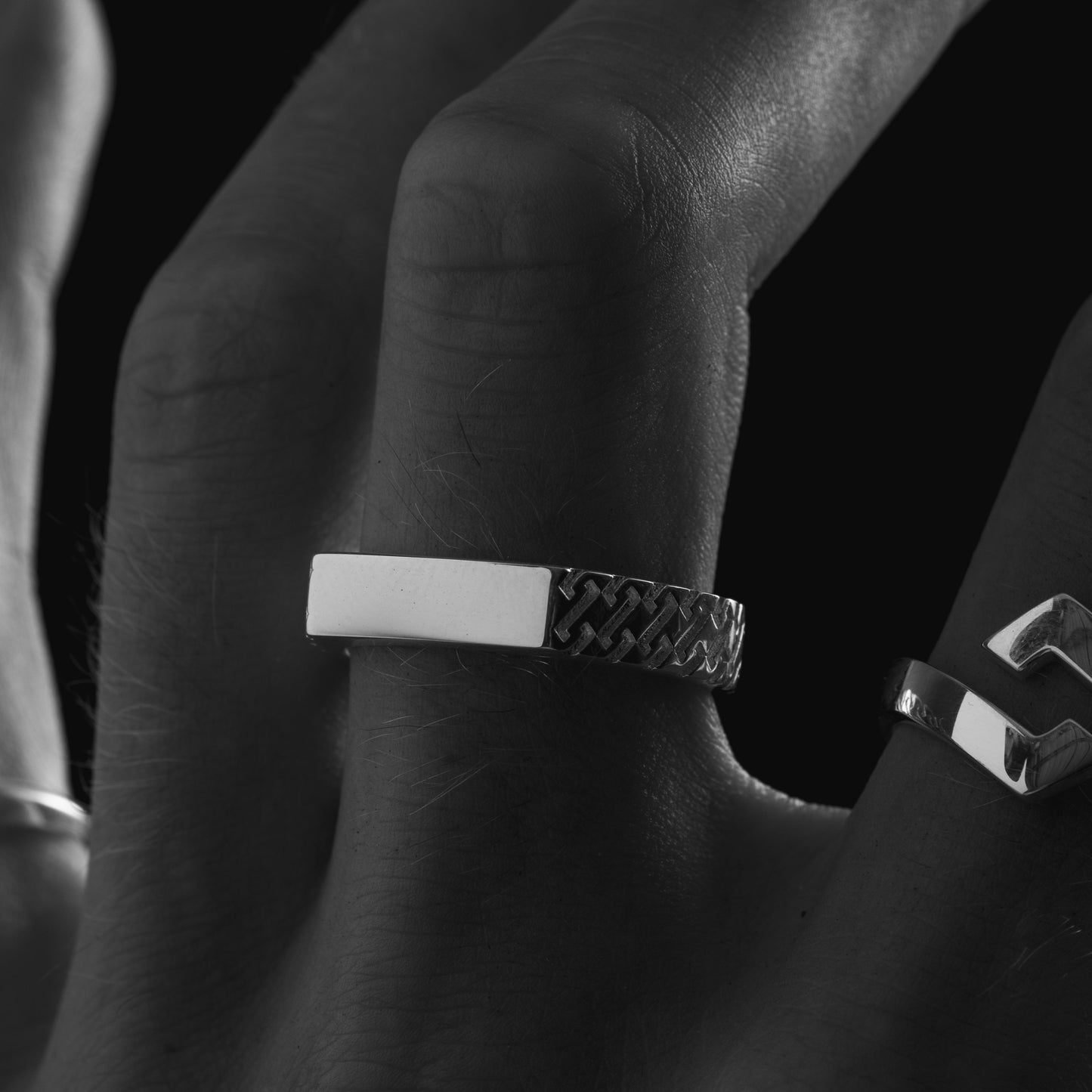 Clean Top Patterned Sides Signet Ring - Handcrafted Designer Silver Ring - Exclusively by JANDER