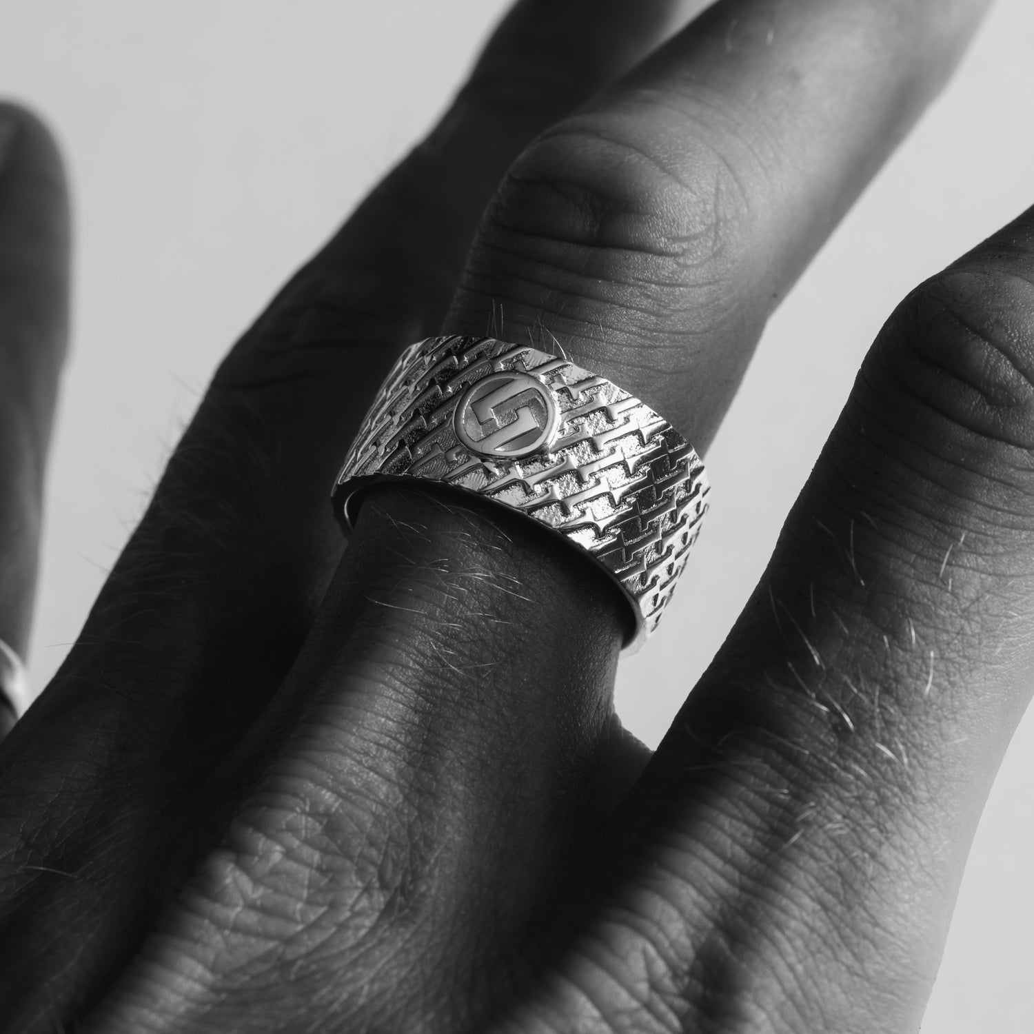 Patterned Circular Logo Ring - Handcrafted Designer Silver Ring - Exclusively by JANDER