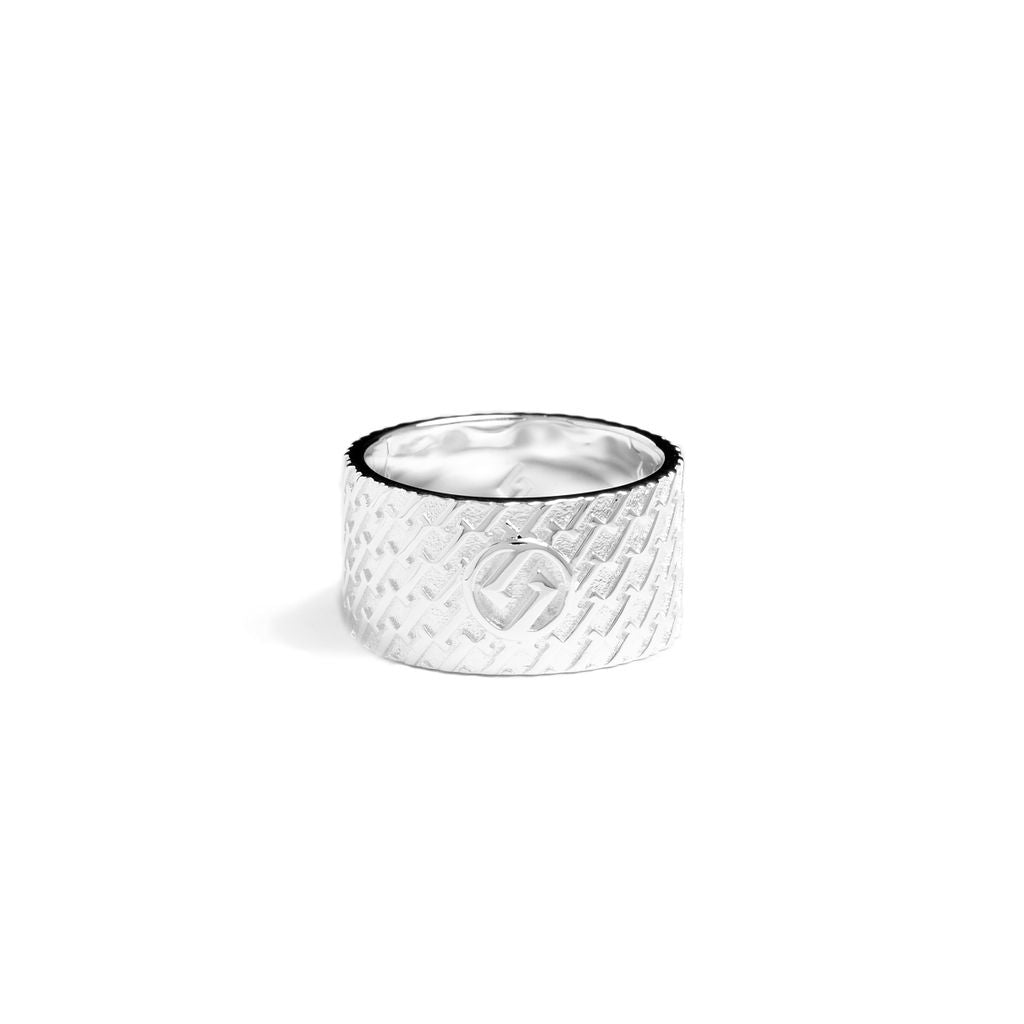 Patterned Circular Logo Ring - Handcrafted Designer Silver Ring - Exclusively by JANDER